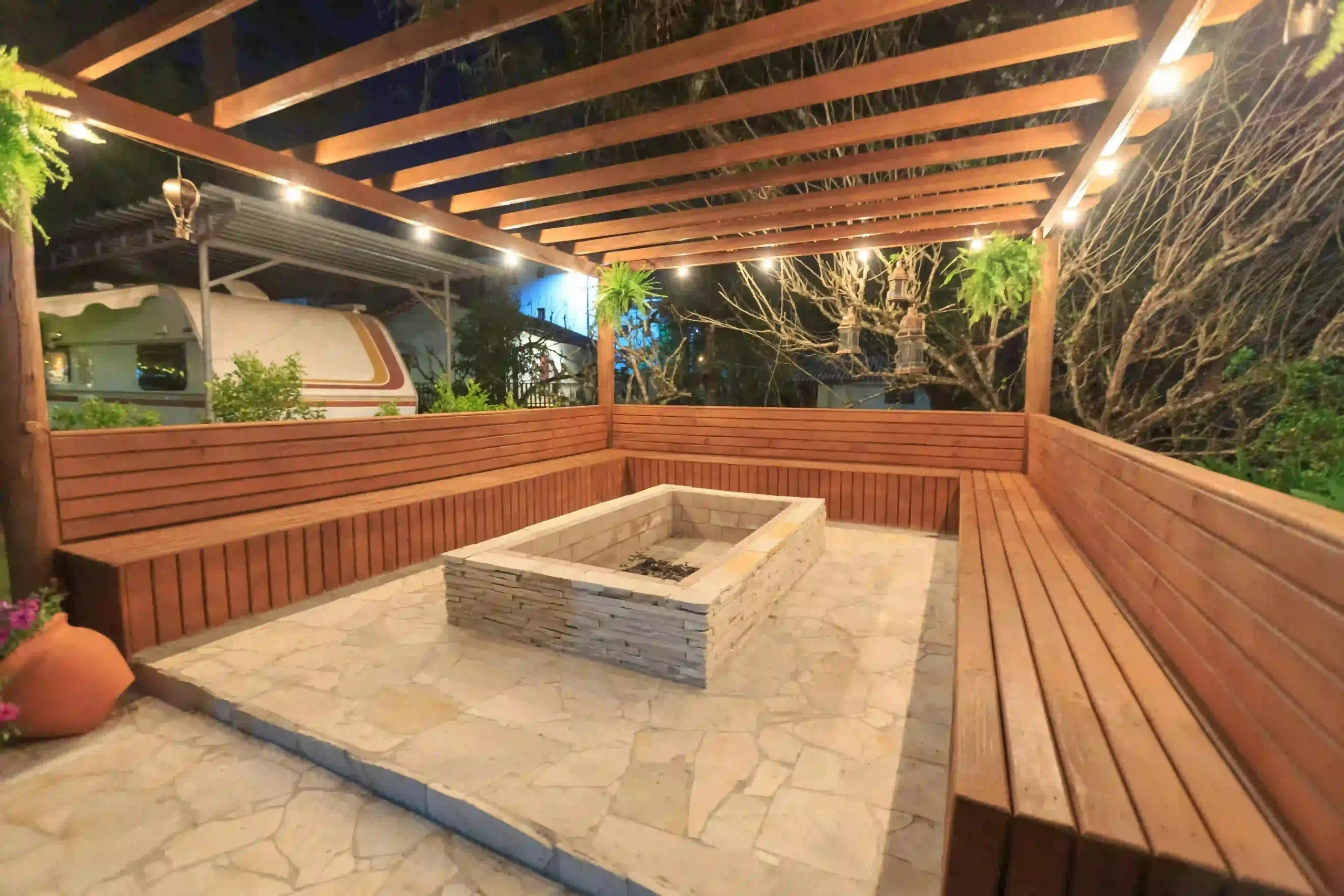 Covered deck builders in Las Vegas creating a shaded outdoor living space with pergola features for desert climate comfort